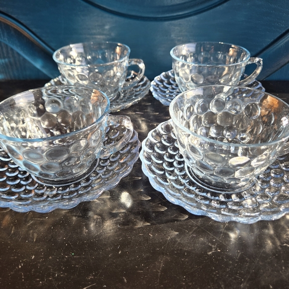 Vintage MCM Ice Blue Bubble Glass 8 Piece Set 4 Cups+ 4 Saucers Anchor Hocking - Picture 10 of 16